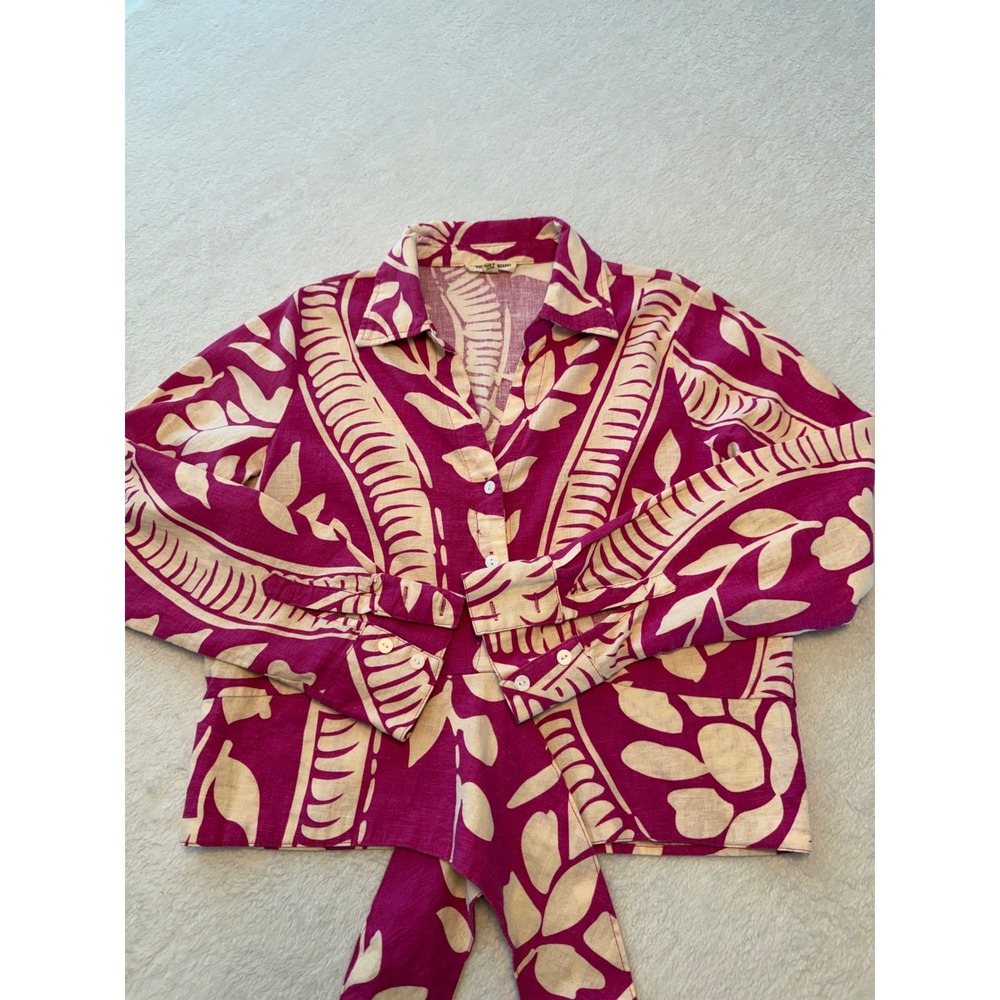 Christian Siriano Pink Tropical Print Linen Blend Tie Front Crop Blouse Large